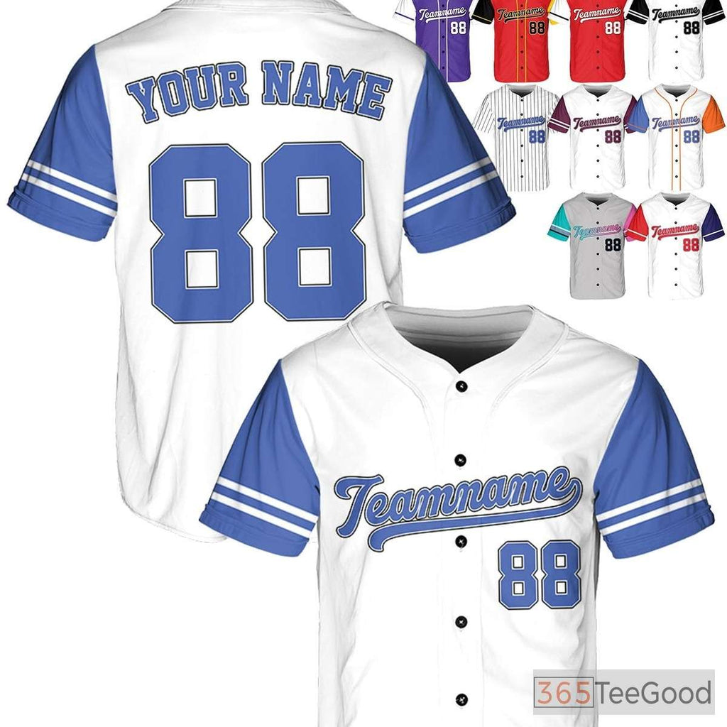 White & Blue Baseball Jersey Tee - Custom Stitched Name, Number, and Logo