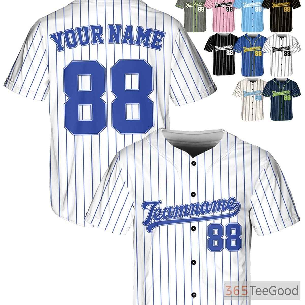 White & Blue Baseball Jersey Tee - Custom Stitched Name, Number, and Team Logo