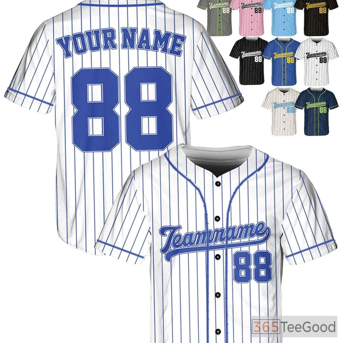 White & Blue Baseball Jersey Tee - Personalized with Your Custom Name, Number & Logo