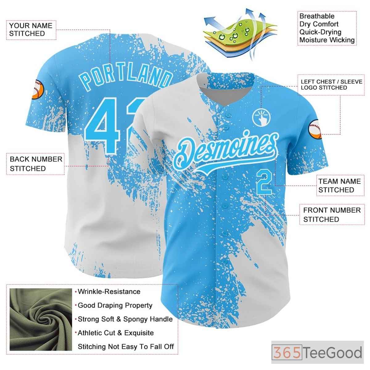 White & Blue Baseball Jersey Tee - Personalized Stitched Name & Number for Teams