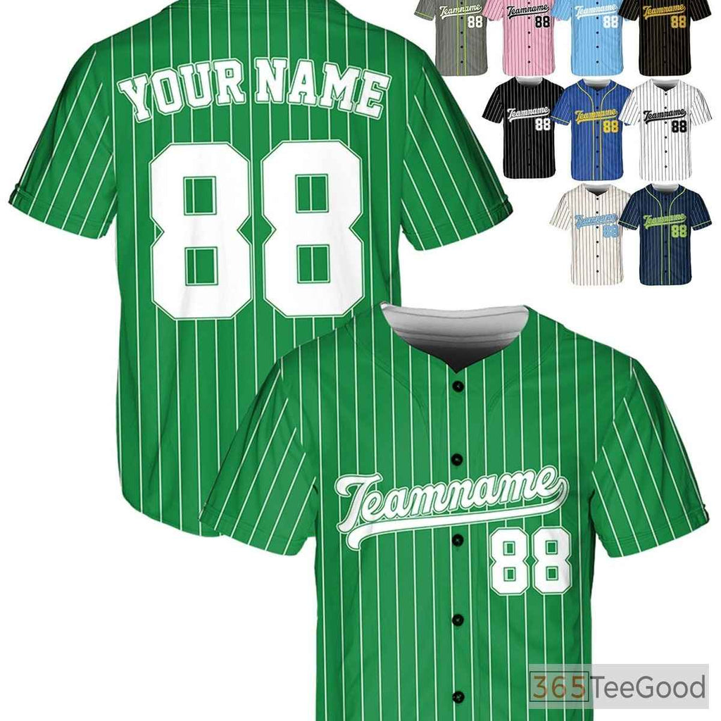 White & Green Baseball Jersey Tee for Men & Women, Add Your Name, Number, Logo