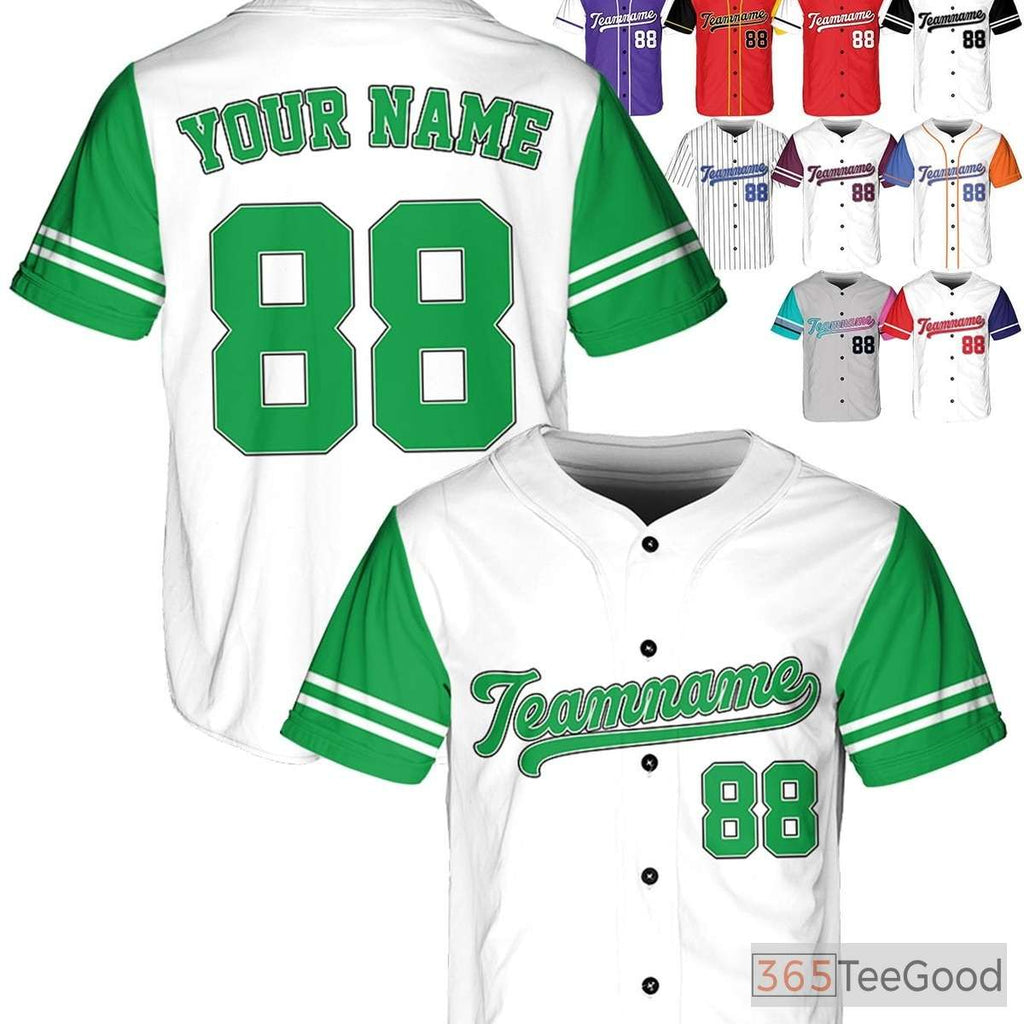 White & Green Baseball Jersey Tee - Personalized with Stitched Name, Number & Logo