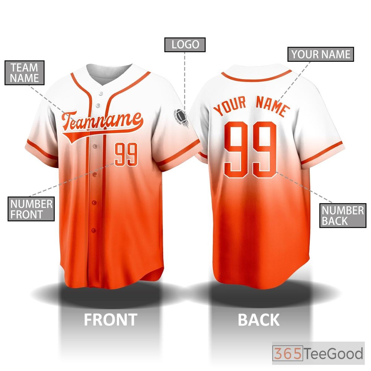 White & Orange Baseball Jersey Tee for Men & Women - Your Custom Name, Number & Text