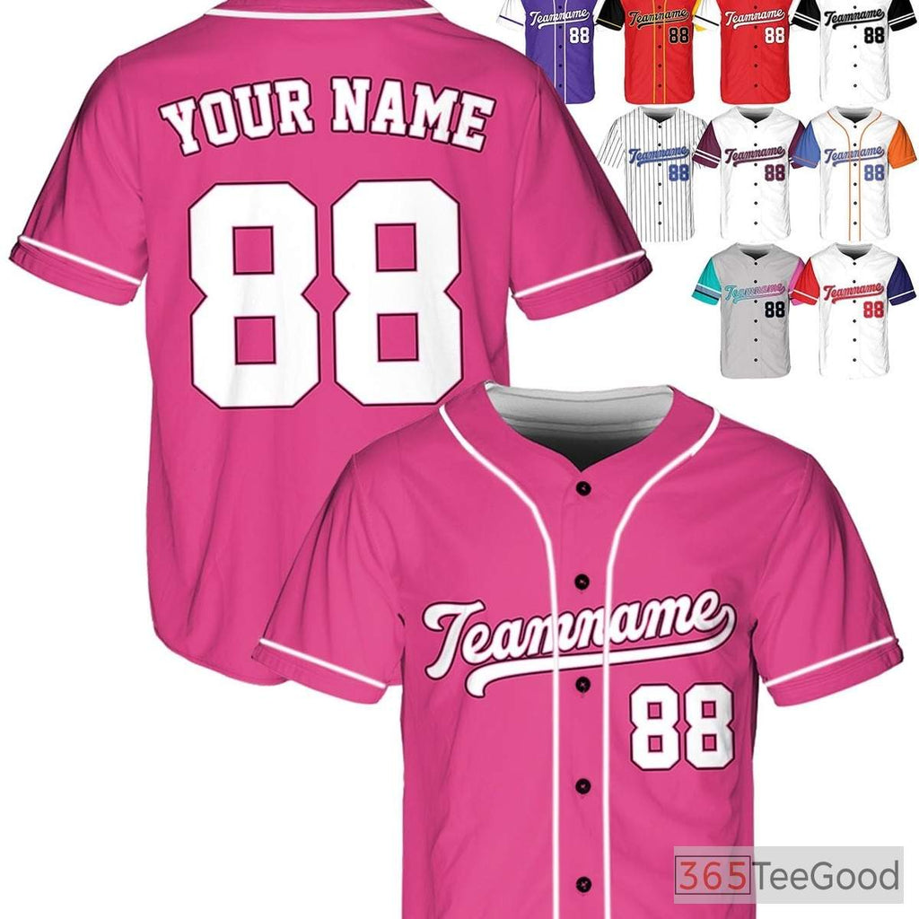 White & Pink Baseball Jersey Tee with Stitched Name, Number, and Logo