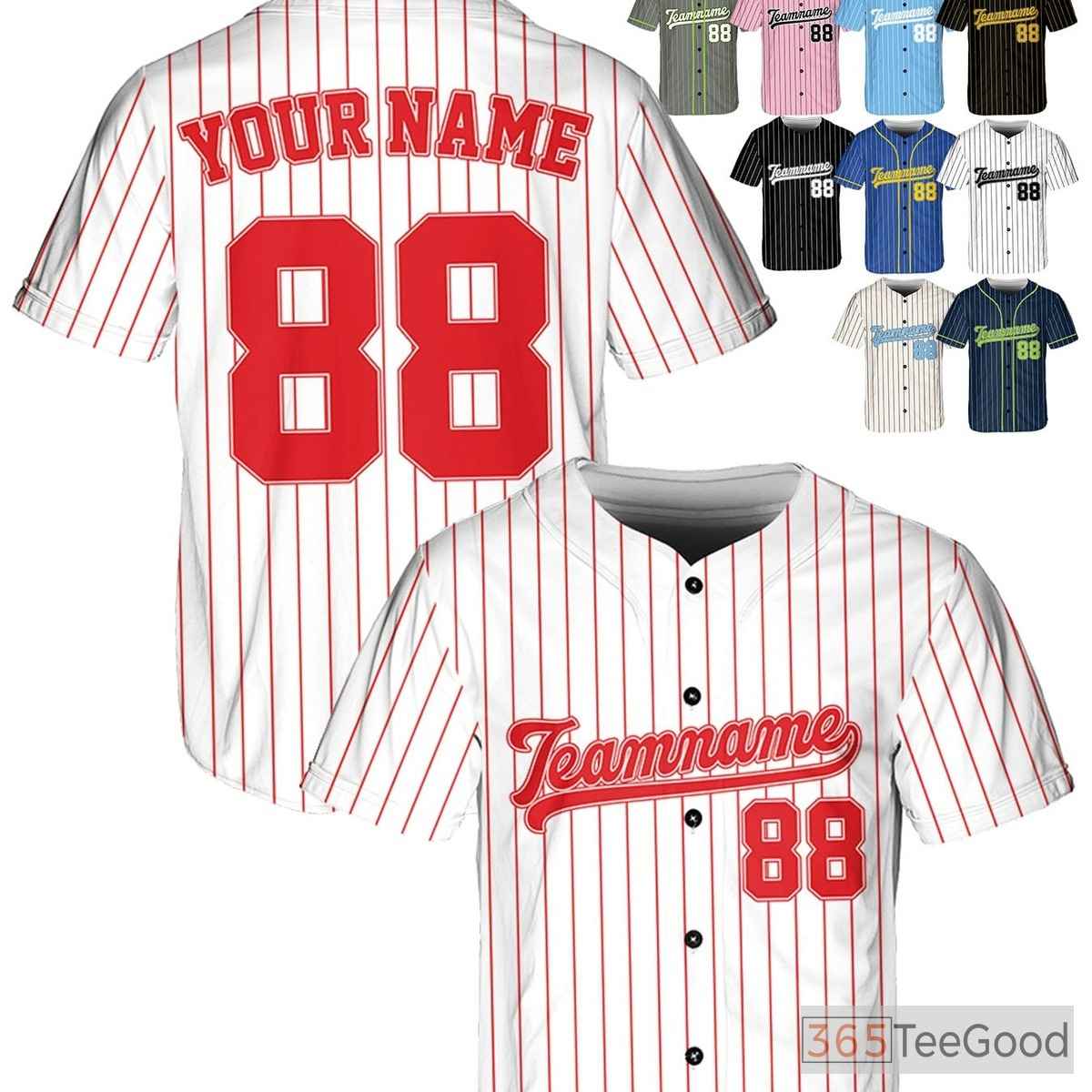 White & Red Baseball Jersey Tee - Customizable with Your Name, Number, and Logo Details