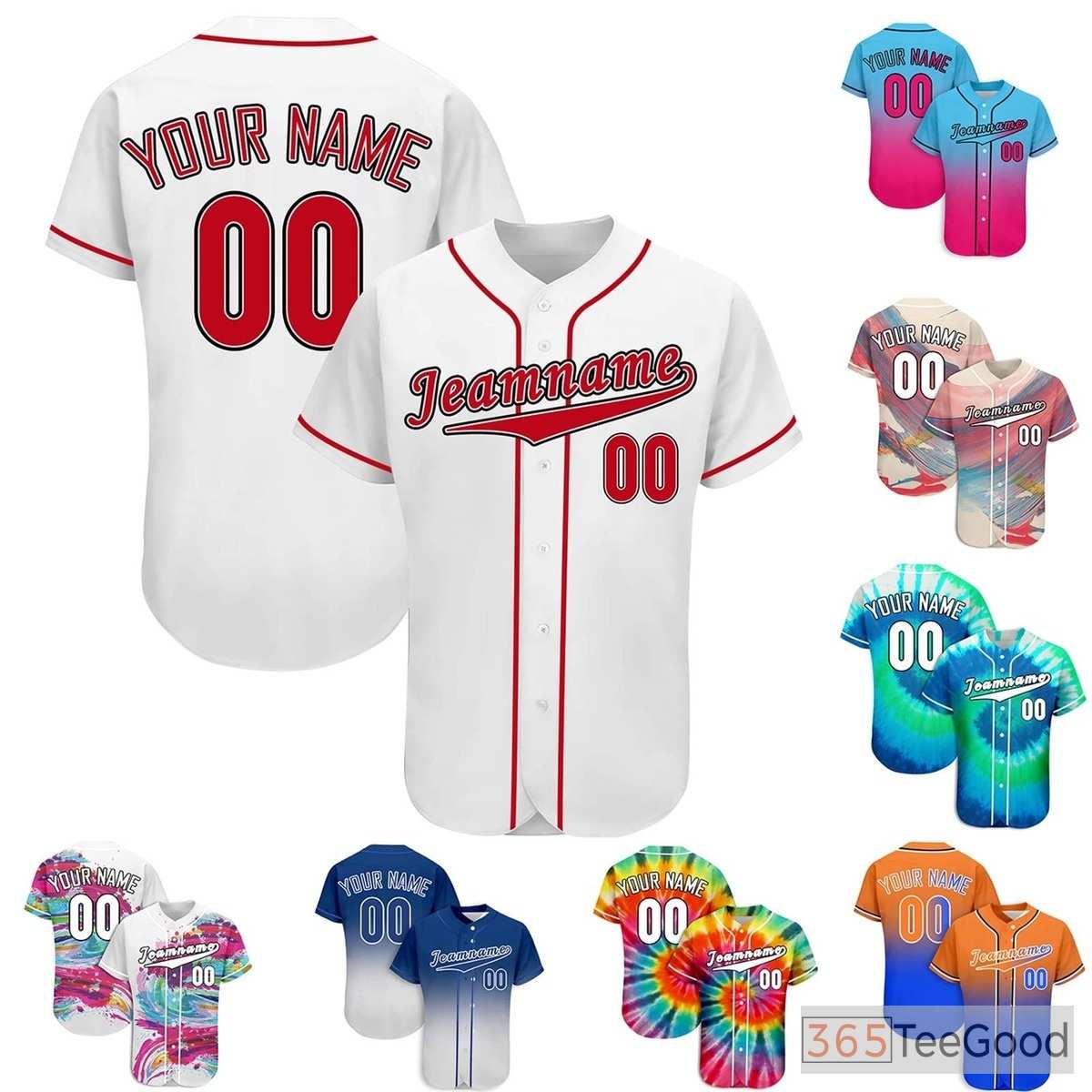 White & Red Custom Baseball Jersey Tee Personalized Name & Number Unisex Uniforms
