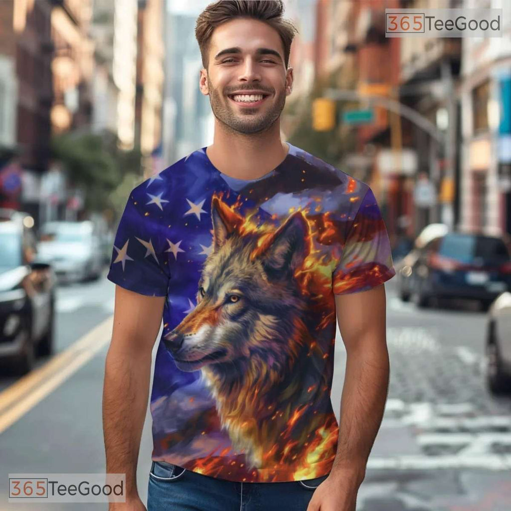 Wild Wolf And American Flag 3D Pattern Printed Casual Unisex Tee Shirt Tops Style