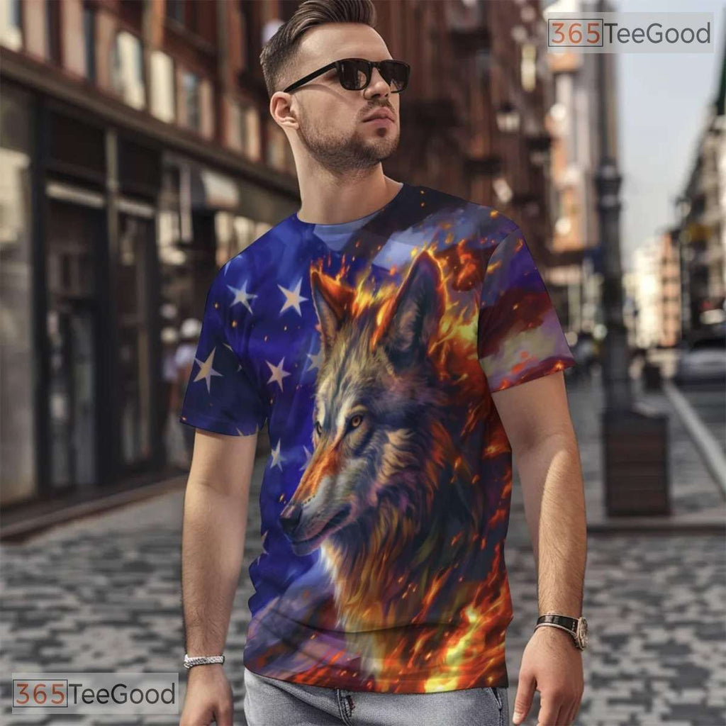 Wild Wolf And American Flag 3D Pattern Printed Casual Unisex Tee Shirt Tops Style