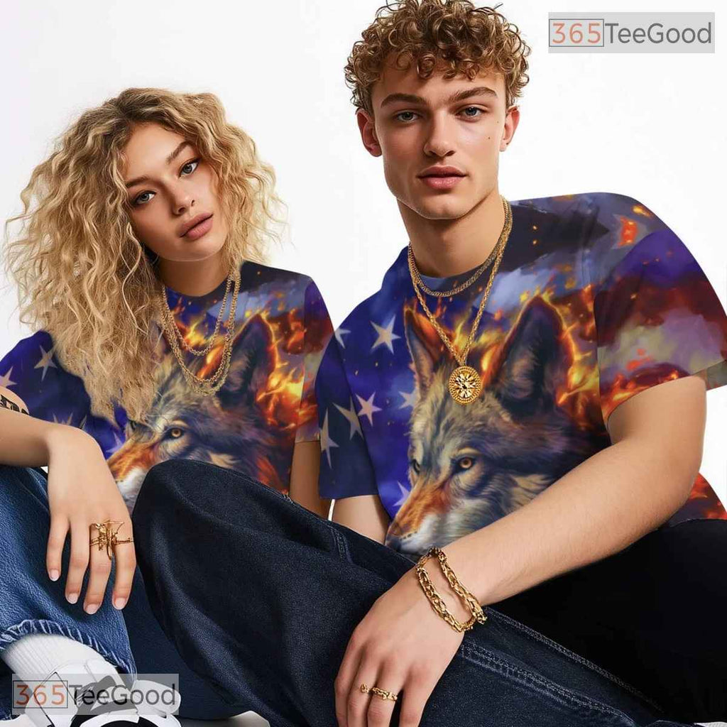 Wild Wolf And American Flag 3D Pattern Printed Casual Unisex Tee Shirt Tops Style