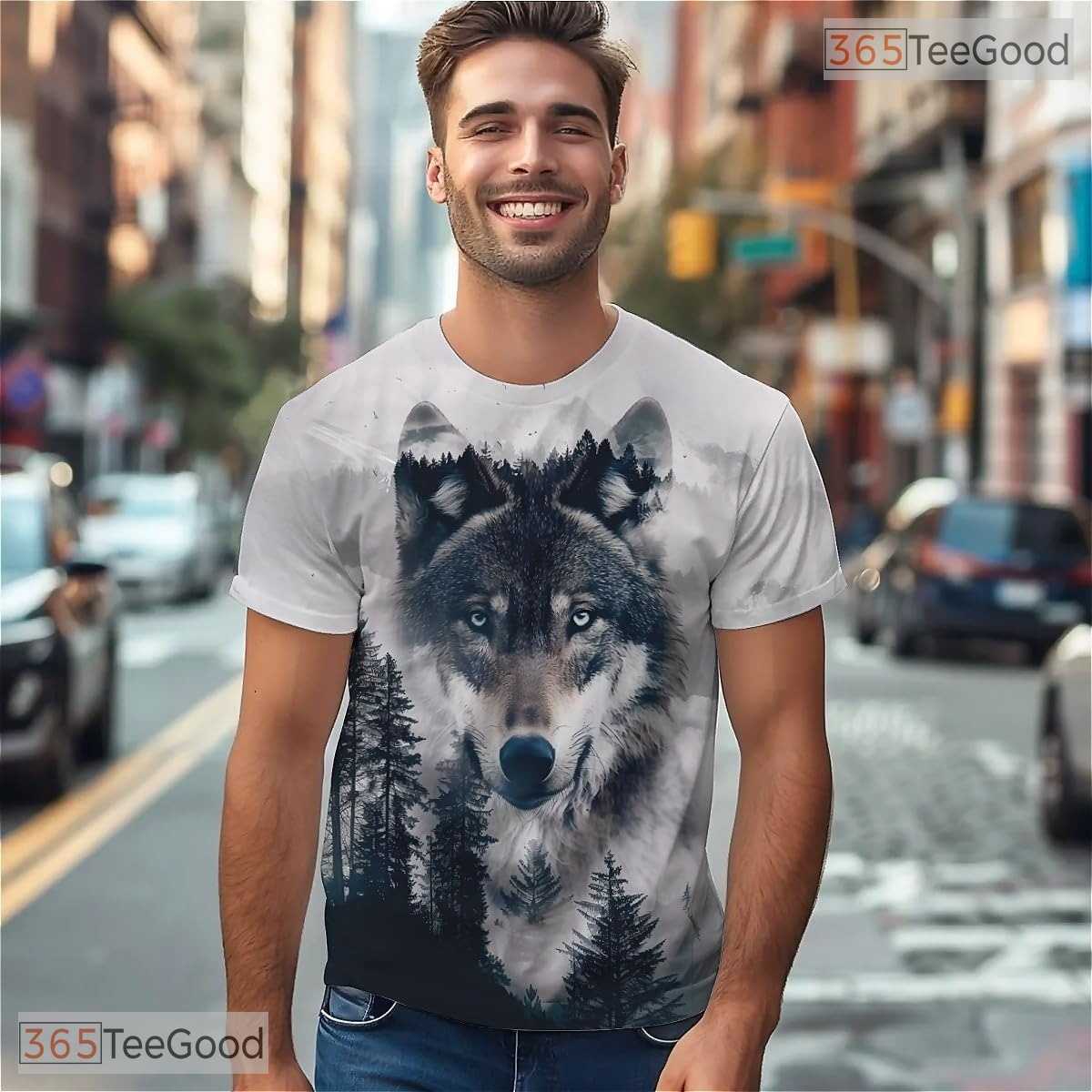 Wild Wolf Print American Eagle Flag 3D Graphic Printed Casual Unisex Tee Shirt