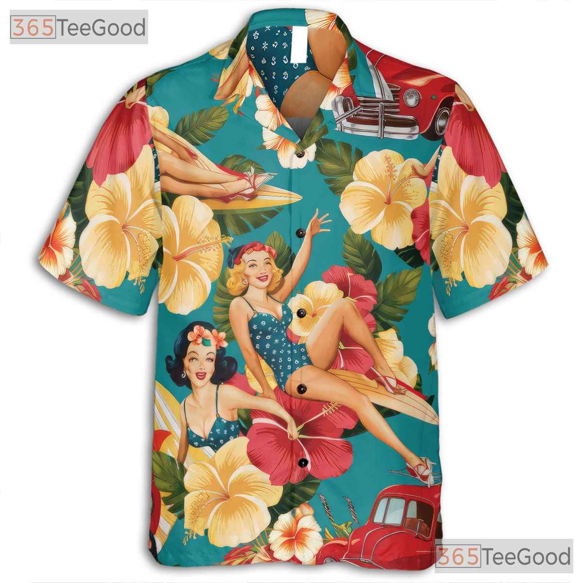 Women's 50s Pin-Up Retro Hawaiian Tee - Beach Car Woodie Floral Aloha Shirt