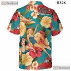 Women's 50s Pin-Up Retro Hawaiian Tee - Beach Car Woodie Floral Aloha Shirt