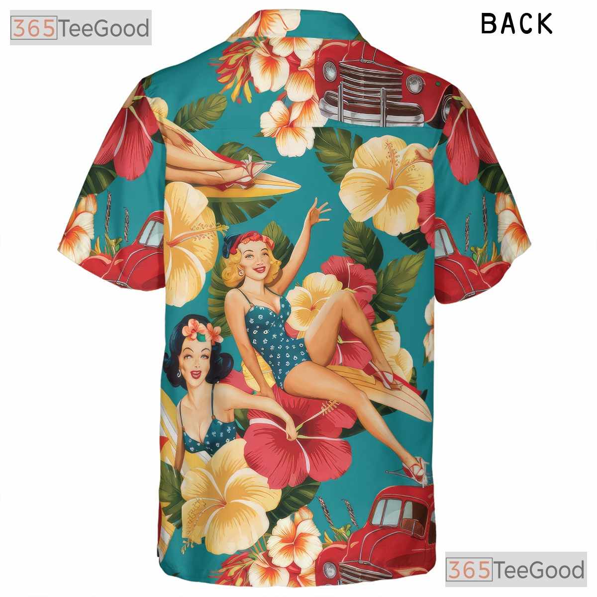 Women's 50s Pin-Up Retro Hawaiian Tee - Beach Car Woodie Floral Aloha Shirt