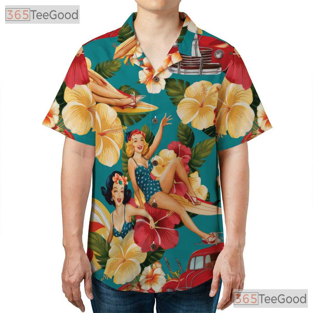 Women's 50s Pin-Up Retro Hawaiian Tee - Beach Car Woodie Floral Aloha Shirt