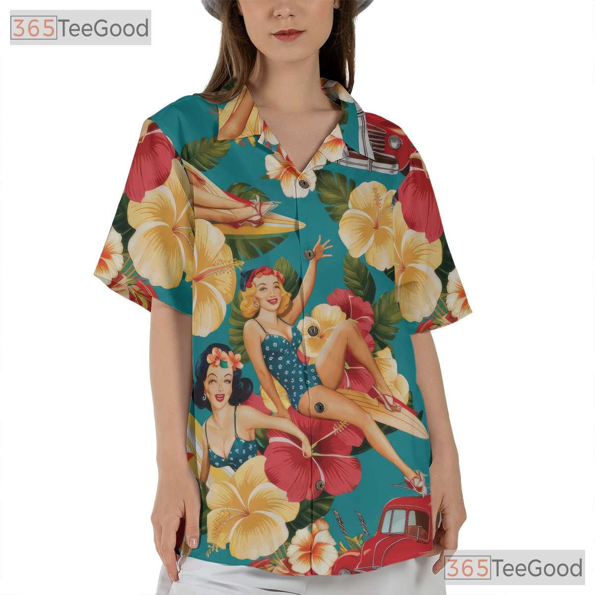 Women's 50s Pin-Up Retro Hawaiian Tee - Beach Car Woodie Floral Aloha Shirt