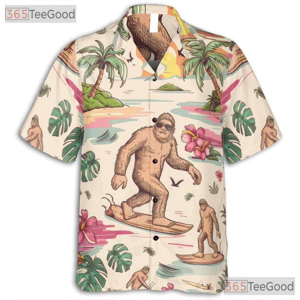 Women's Bigfoot Surfer Hawaiian Shirt - Tropical Sunset Palm Tree Design Tee