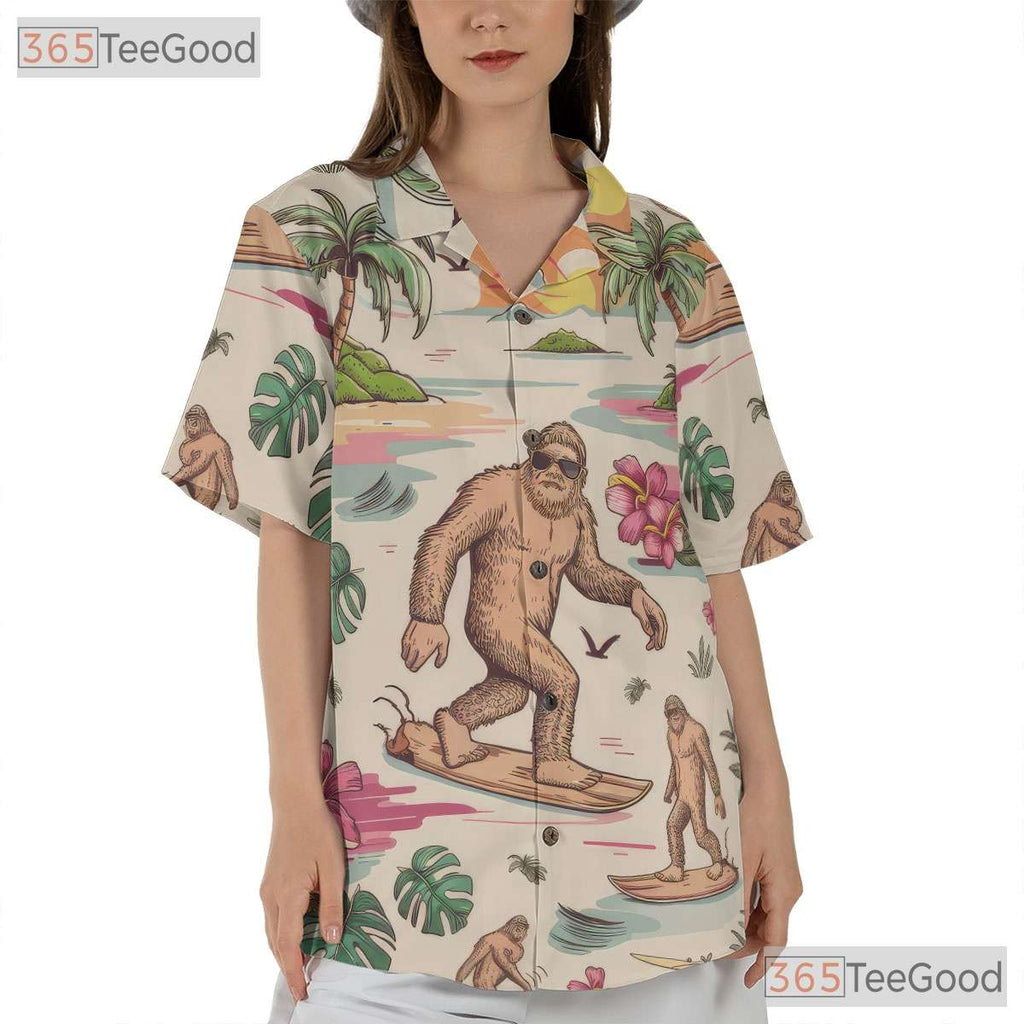 Women's Bigfoot Surfer Hawaiian Shirt - Tropical Sunset Palm Tree Design Tee