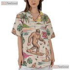 Women's Bigfoot Surfer Hawaiian Shirt - Tropical Sunset Palm Tree Design Tee