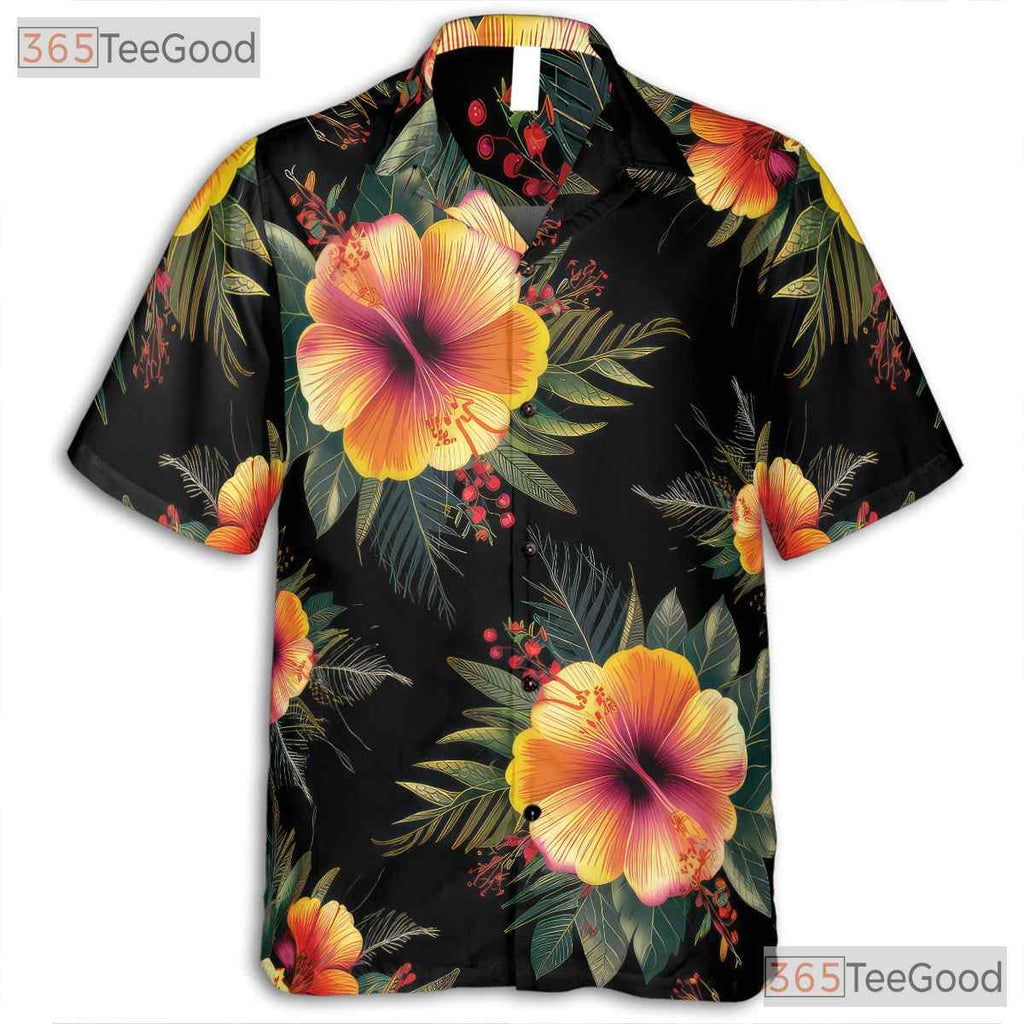Women's Black Tropical Hibiscus Hawaiian Shirt - Luau Party Aloha Beach Tee