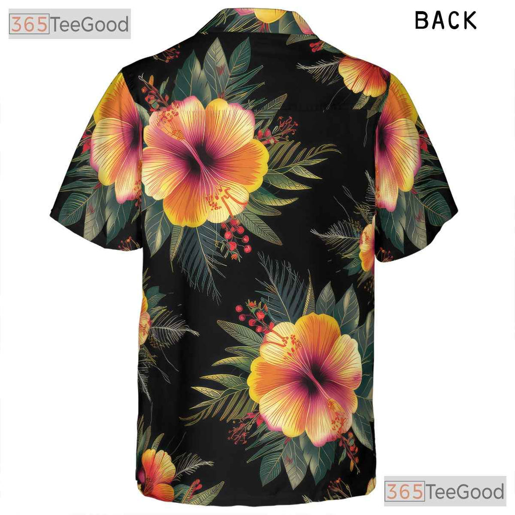Women's Black Tropical Hibiscus Hawaiian Shirt - Luau Party Aloha Beach Tee