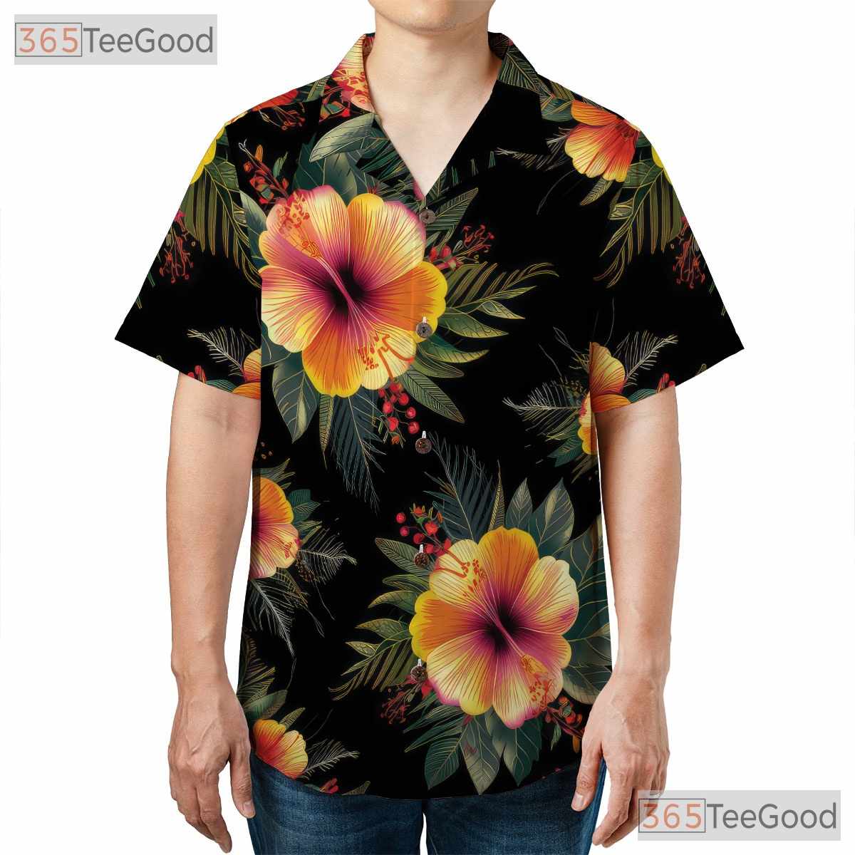 Women's Black Tropical Hibiscus Hawaiian Shirt - Luau Party Aloha Beach Tee
