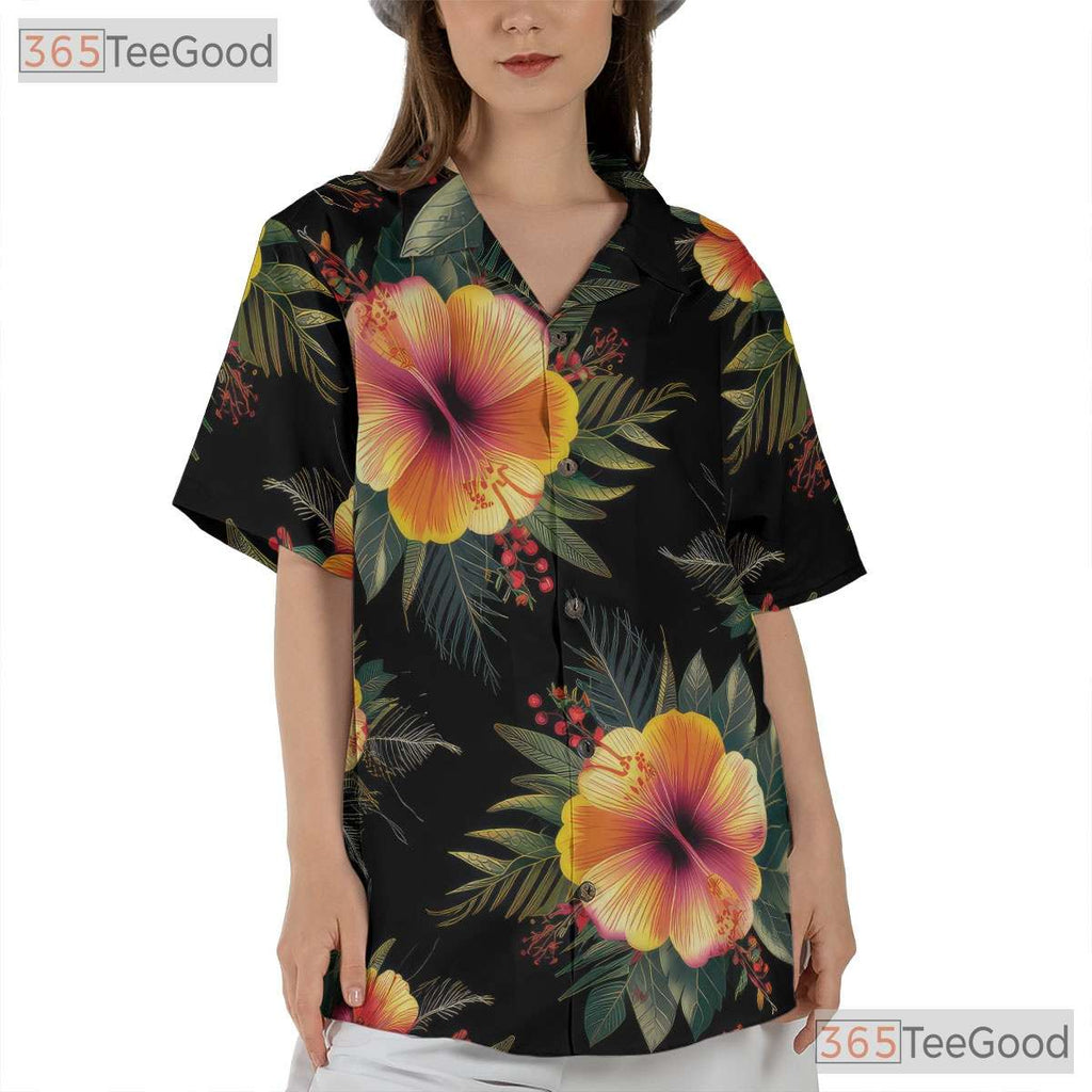 Women's Black Tropical Hibiscus Hawaiian Shirt - Luau Party Aloha Beach Tee