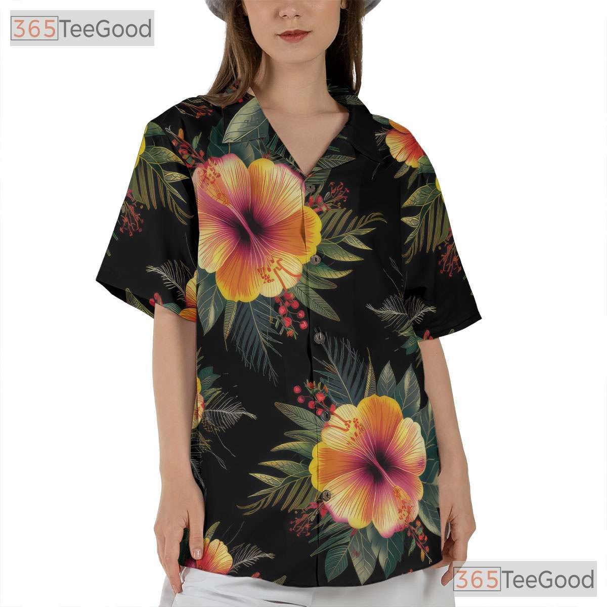 Women's Black Tropical Hibiscus Hawaiian Shirt - Luau Party Aloha Beach Tee