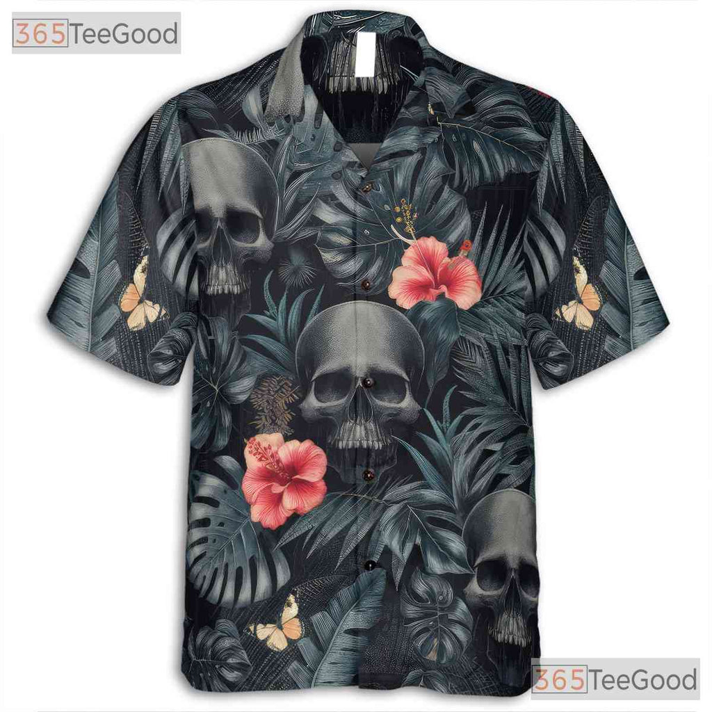 Women's Gothic Punk Skull Hawaiian Tee - Dark Floral Alternative Beachwear