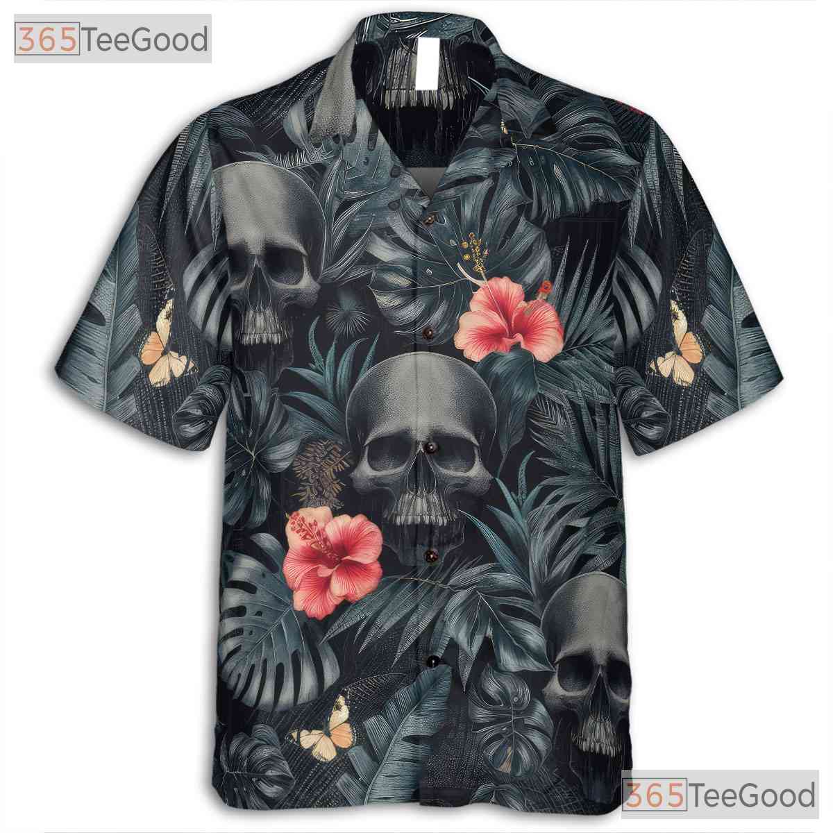 Women's Gothic Punk Skull Hawaiian Tee - Dark Floral Alternative Beachwear