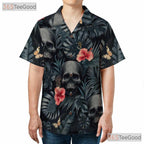 Women's Gothic Punk Skull Hawaiian Tee - Dark Floral Alternative Beachwear