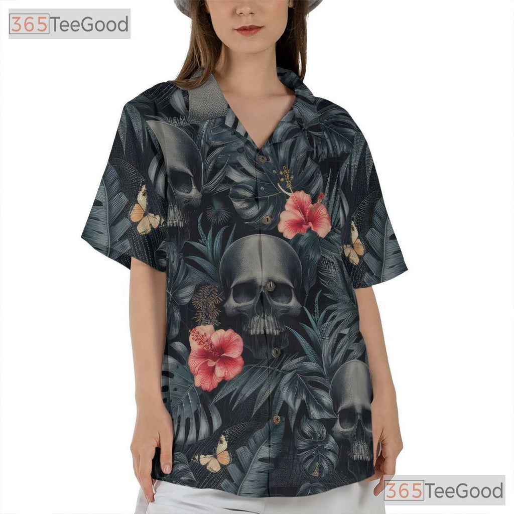 Women's Gothic Punk Skull Hawaiian Tee - Dark Floral Alternative Beachwear