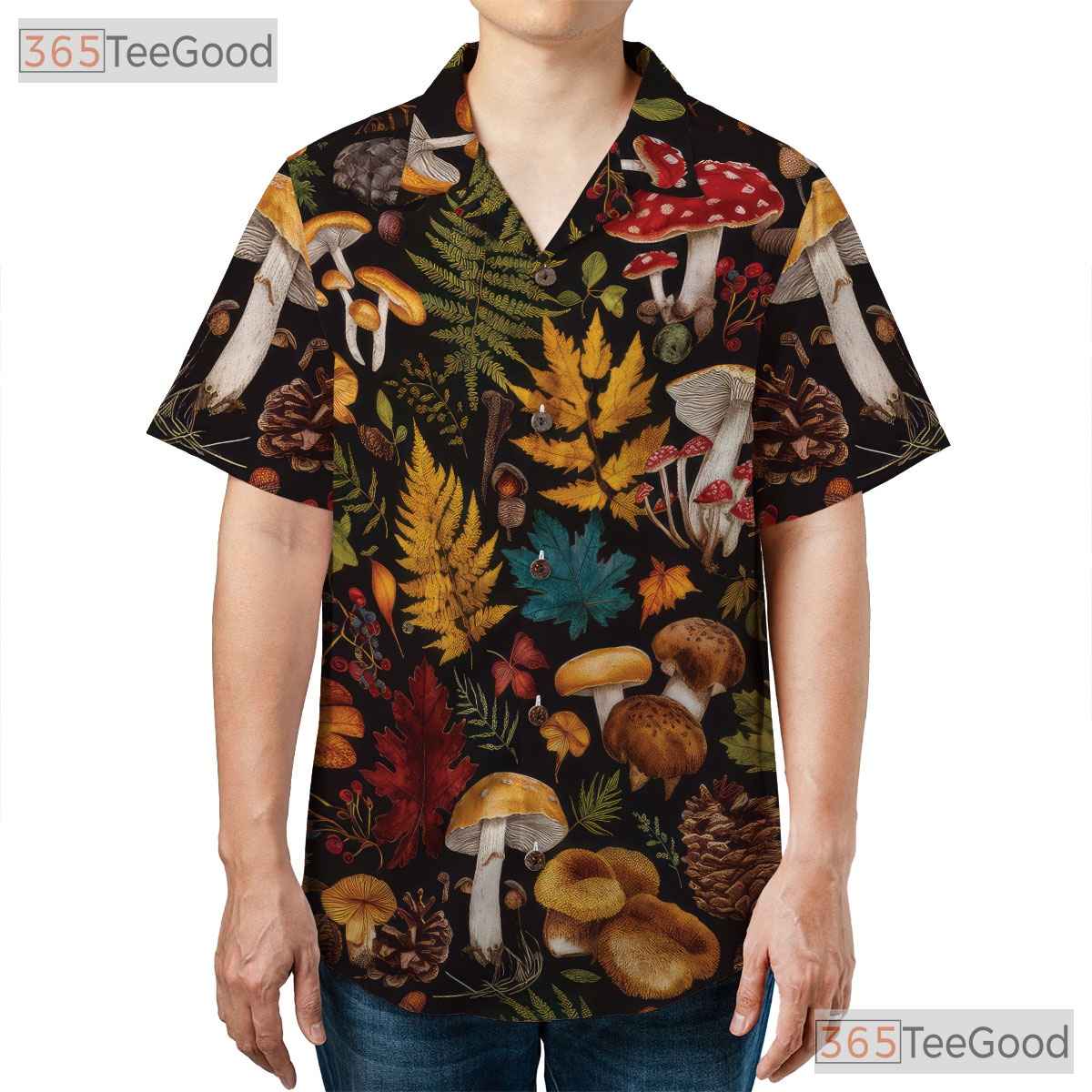 Women's Nature Mushroom Hawaiian Tee - Fungi Fern Botanical Beach Aesthetic