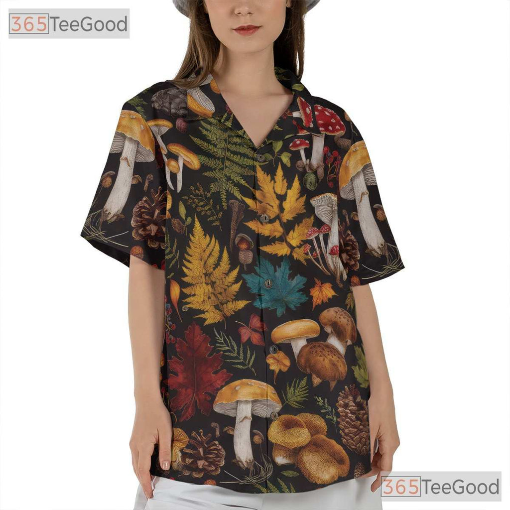 Women's Nature Mushroom Hawaiian Tee - Fungi Fern Botanical Beach Aesthetic