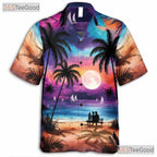Women's Night Beach Hawaiian Shirt - Palm Tree Moonlight Aloha Vibes Tee