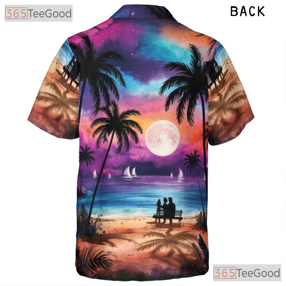 Women's Night Beach Hawaiian Shirt - Palm Tree Moonlight Aloha Vibes Tee