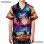 Women's Night Beach Hawaiian Shirt - Palm Tree Moonlight Aloha Vibes Tee