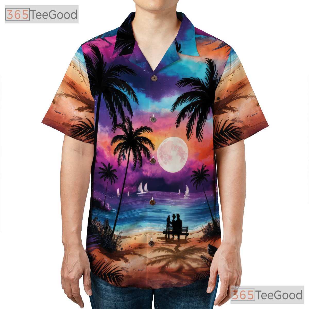 Women's Night Beach Hawaiian Shirt - Palm Tree Moonlight Aloha Vibes Tee