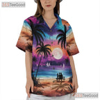 Women's Night Beach Hawaiian Shirt - Palm Tree Moonlight Aloha Vibes Tee