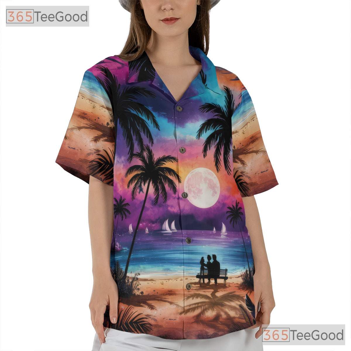 Women's Night Beach Hawaiian Shirt - Palm Tree Moonlight Aloha Vibes Tee
