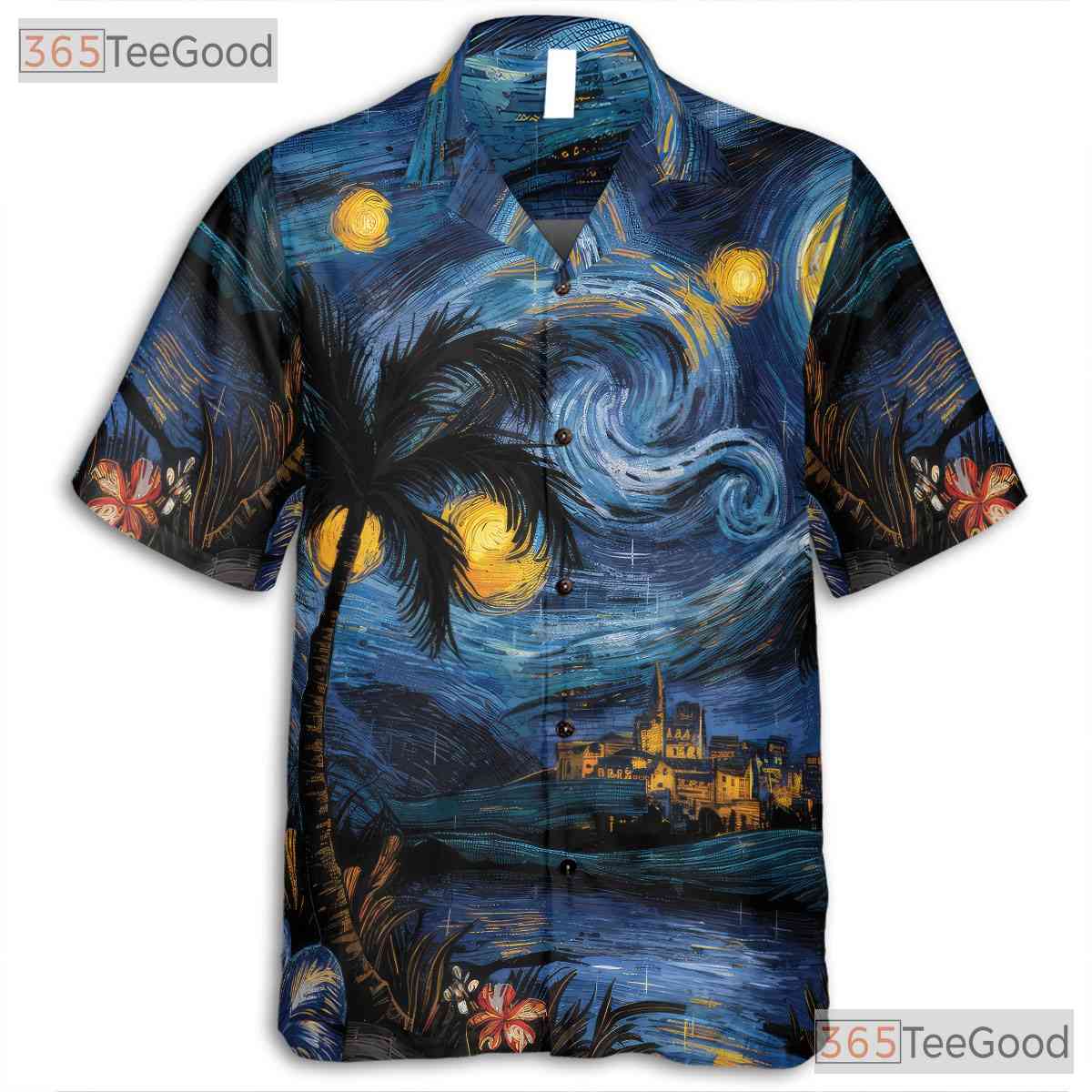 Women's Palm Tree Starry Night Hawaiian Tee - Van Gogh Beach Aesthetic