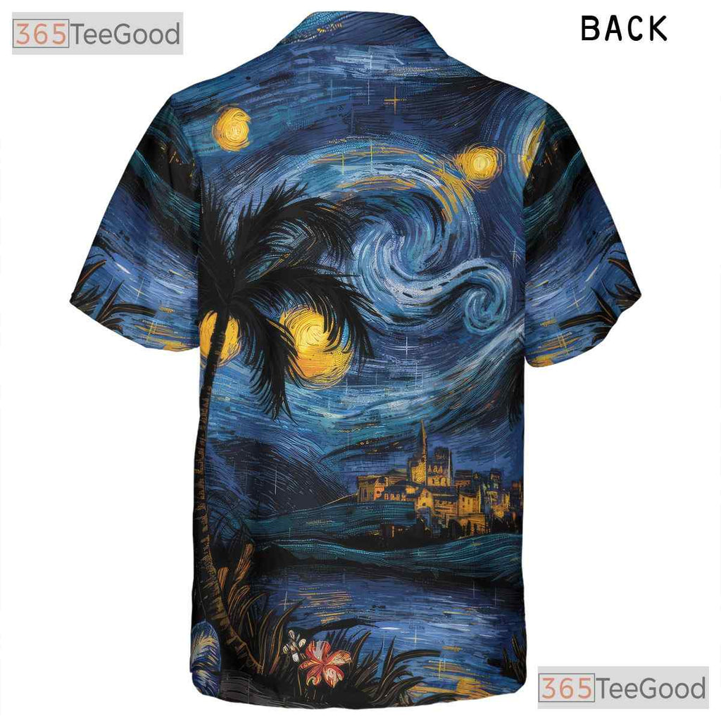 Women's Palm Tree Starry Night Hawaiian Tee - Van Gogh Beach Aesthetic
