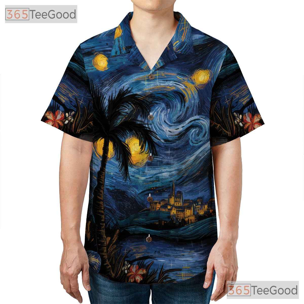 Women's Palm Tree Starry Night Hawaiian Tee - Van Gogh Beach Aesthetic