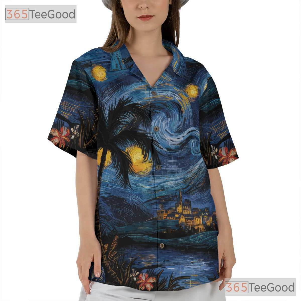 Women's Palm Tree Starry Night Hawaiian Tee - Van Gogh Beach Aesthetic