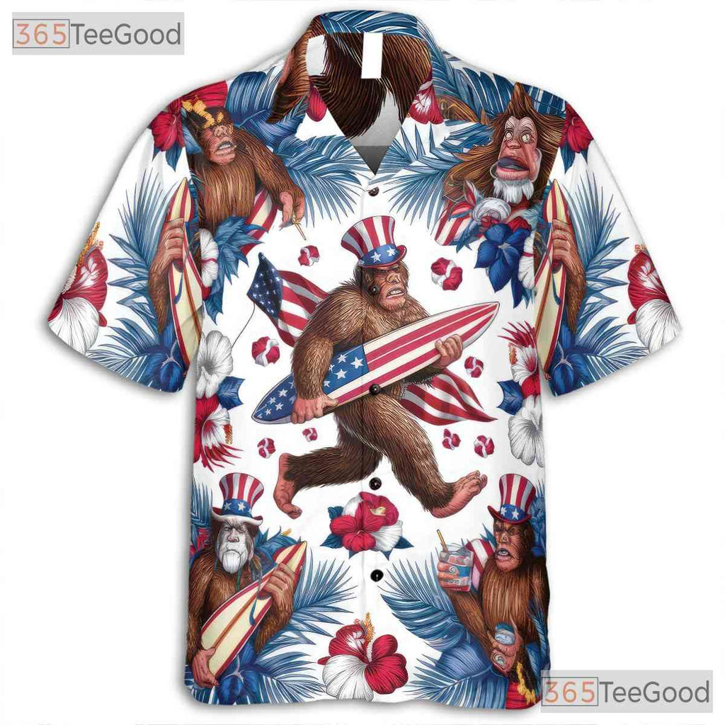 Women's Patriotic Hawaiian Tee - Bigfoot Design USA Flag for 4th of July Shirt