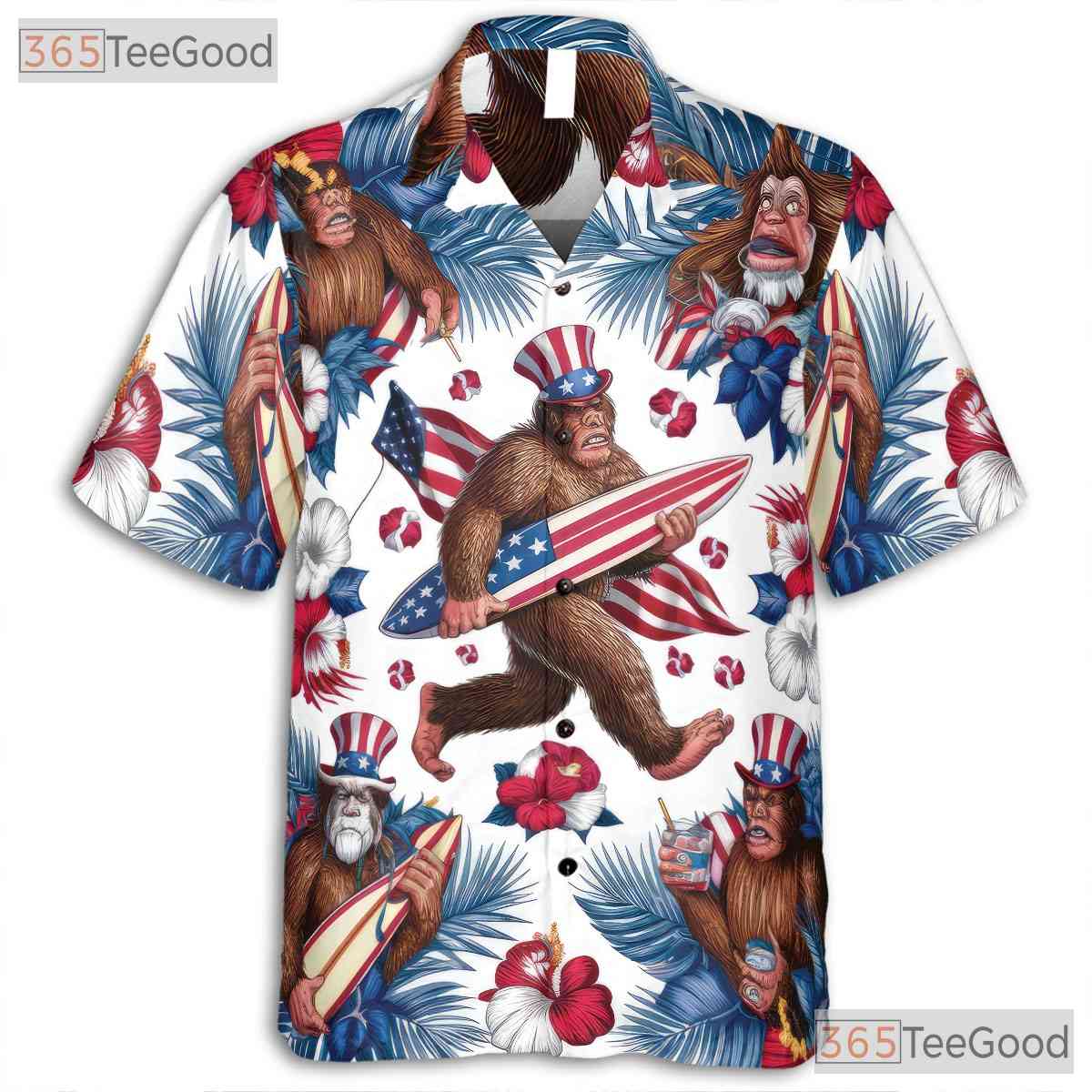 Women's Patriotic Hawaiian Tee - Bigfoot Design USA Flag for 4th of July Shirt