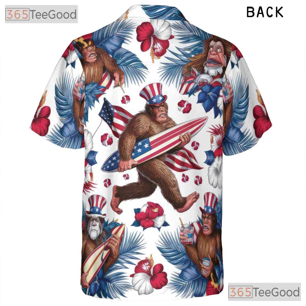 Women's Patriotic Hawaiian Tee - Bigfoot Design USA Flag for 4th of July Shirt