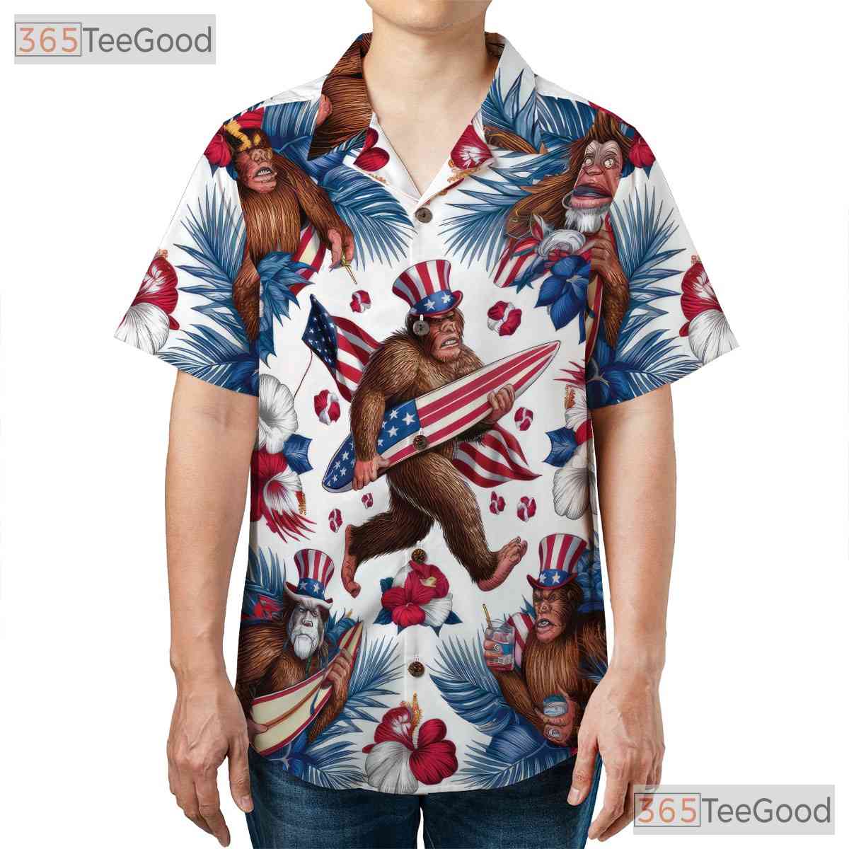 Women's Patriotic Hawaiian Tee - Bigfoot Design USA Flag for 4th of July Shirt