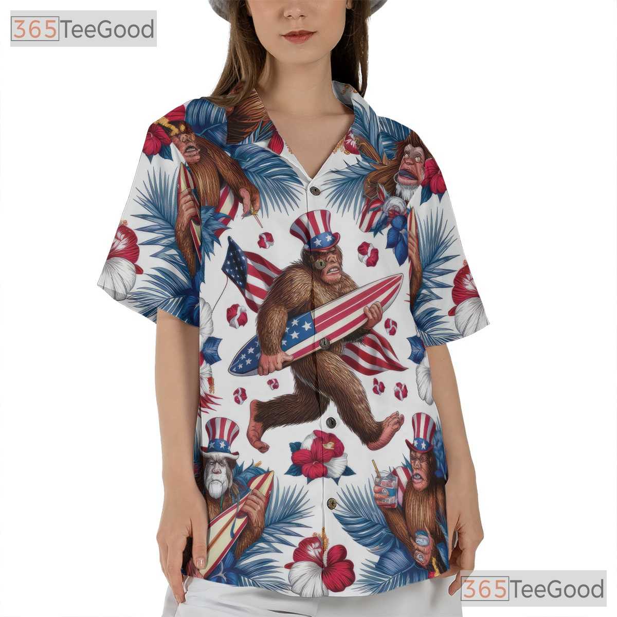 Women's Patriotic Hawaiian Tee - Bigfoot Design USA Flag for 4th of July Shirt
