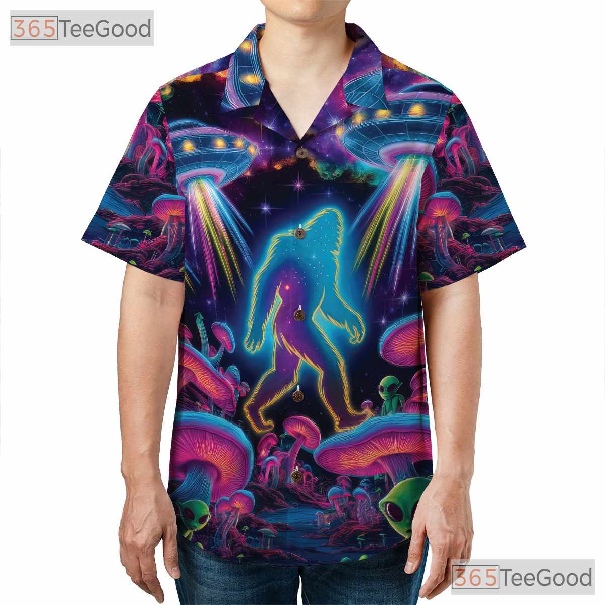 Women's Psychedelic Bigfoot Hawaiian Tee - Alien UFO Abduction Mushroom Top