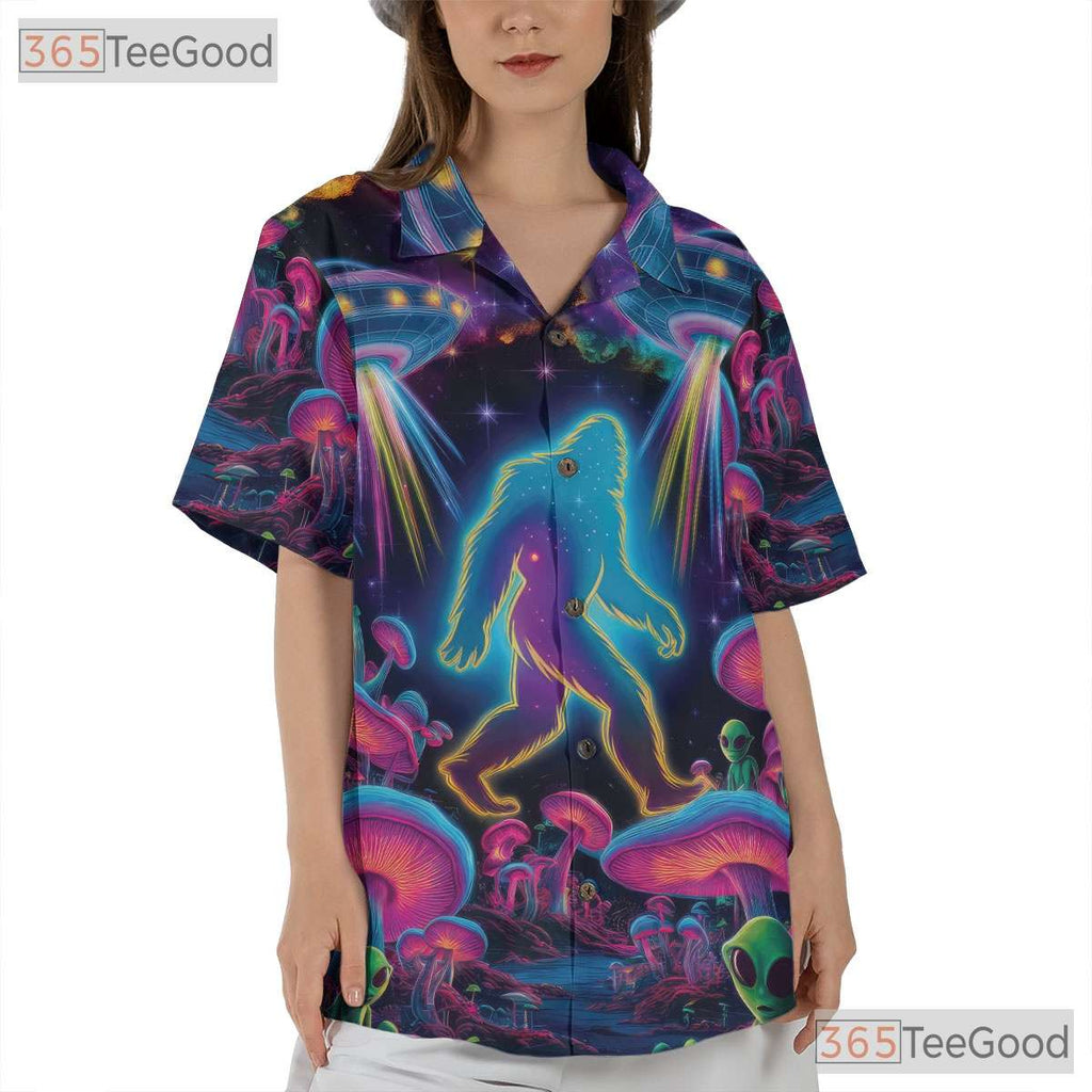 Women's Psychedelic Bigfoot Hawaiian Tee - Alien UFO Abduction Mushroom Top